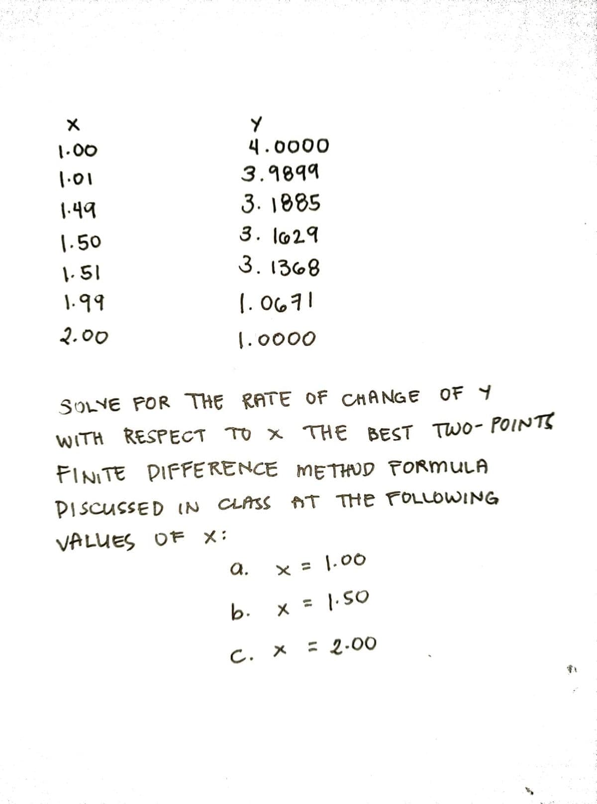 X
1.00
1.01
1.49
1.50
1.51
1.99
2.00
Y
4.0000
3.9899
3.1885
3.1629
3.1368
1.0671
1.0000
SOLVE FOR THE RATE OF CHANGE OF Y
WITH RESPECT TO X THE BEST TWO-POINTS
FINITE DIFFERENCE METHOD FORMULA
DISCUSSED IN CLASS AT THE FOLLOWING
VALUES OF X:
a.
x = 1.00
b. x = 1.50
C. X
= 2.00