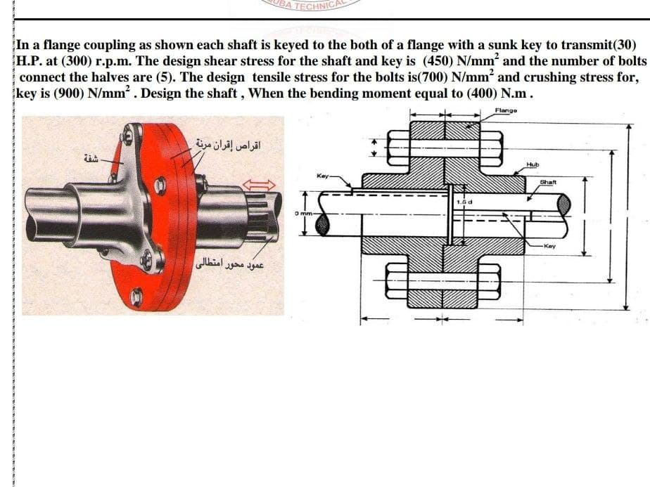 BA TECHNICA
In a flange coupling as shown each shaft is keyed to the both of a flange with a sunk key to transmit(30)
H.P. at (300) r.p.m. The design shear stress for the shaft and key is (450) N/mm and the number of bolts
connect the halves are (5). The design tensile stress for the bolts is(700) N/mm2 and crushing stress for,
key is (900) N/mm. Design the shaft, When the bending moment equal to (400) N.m.
Flange
اقراص إقران مرنة
Hub
Key
Shaft
1.6 d
O mm
Kay
عمود محور امتطالی
