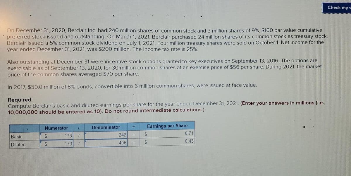 Check my v
On December 31, 2020, Berclair Inc. had 240 millton shares of common stock and 3 million shares of 9%, $100 par value cumulative
preferred stock issued and outstanding. On March 1, 2021, Berclair purchased 24 million shares of its common stock as treasury stock.
Berclair issued a 5% common stock dividend on July 1, 2021. Four million treasury shares were sold on October 1. Net income for the
year ended December 31, 2021, was $200 million. The income tax rate is 25%.
Also outstanding at December 31 were incentive stock options granted to key executives on September 13, 2016. The options are
exercisable as of September 13, 2020, for 30 million common shares at an exercise price of $56 per share. During 2021, the market
price of the common shares averaged $70 per share.
In 2017, $50.0 million of 8% bonds, convertible into 6 million common shares, were issued at face value.
Required:
Compute Berclair's basic and diluted earnings per share for the year ended December 31, 2021. (Enter your answers in millions (i.e.,
10,000,000 should be entered as 10). Do not round intermediate calculations.)
Denominator
Earnings per Share
Numerator
173
242
0.71
%3D
Basic
24
0.43
Diluted
173
406
