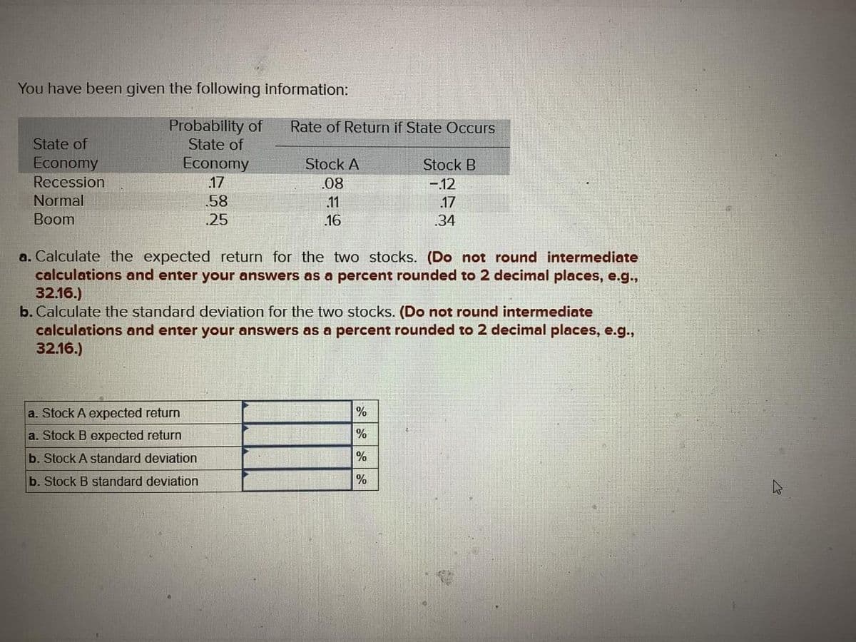 You have been given the following information:
State of
Economy
Recession
Normal
Boom
Probability of
State of
Economy
.17
.58
.25
Rate of Return if State Occurs
a. Stock A expected return
a. Stock B expected return
b. Stock A standard deviation
b. Stock B standard deviation
Stock A
.08
.11
16
a. Calculate the expected return for the two stocks. (Do not round intermediate
calculations and enter your answers as a percent rounded to 2 decimal places, e.g.,
32.16.)
b. Calculate the standard deviation for the two stocks. (Do not round intermediate
calculations and enter your answers as a percent rounded to 2 decimal places, e.g.,
32.16.)
Stock B
-.12
.17
.34
%
%
%
%