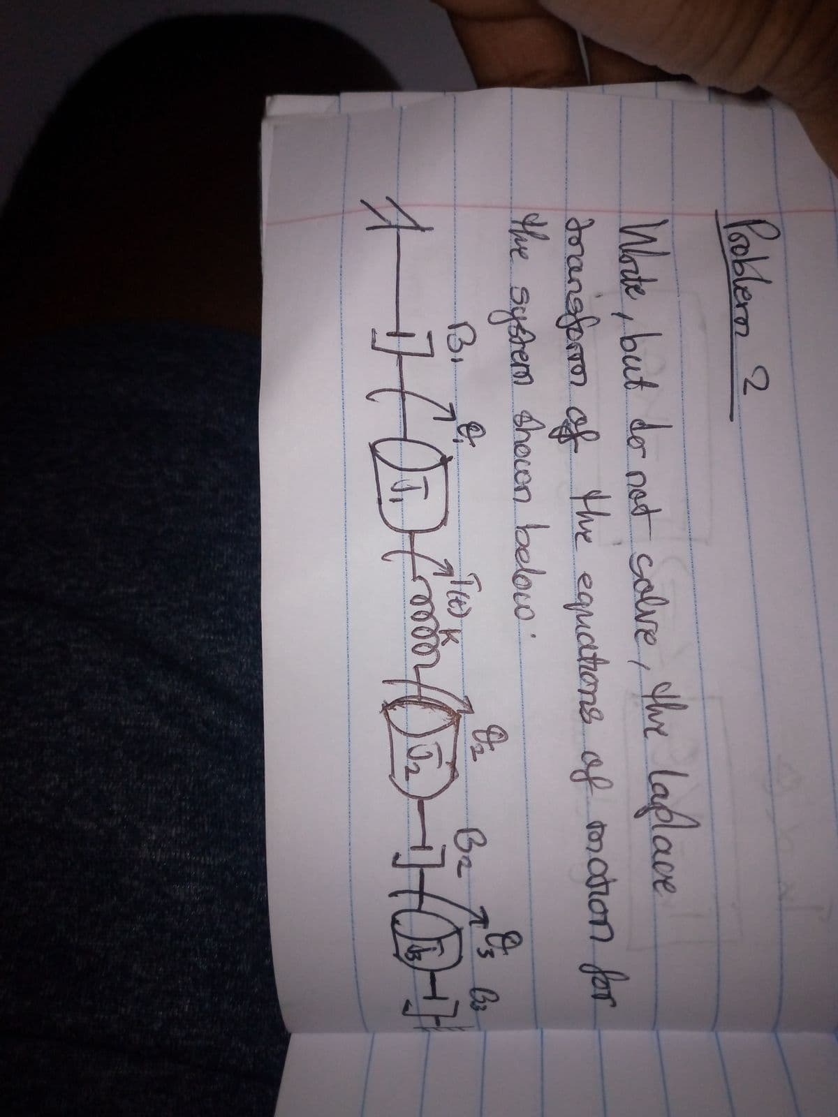 Problern 2
Worte, but do not solve, the laplace
transforror of the equations of mation for
the system shown below.
Bi
1
D₂
(F(t)
K
mon
HOJ, Fodor J₂
√√₂-
o
er
B₂
O₂
D
B3