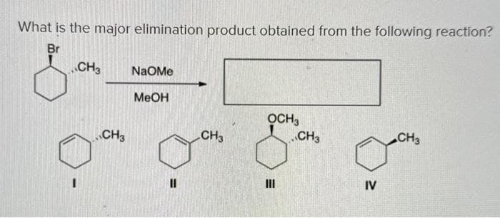 What is the major elimination product obtained from the following reaction?
Br
CH3
CH3
NAOMe
MeOH
11
CH3
OCH3
E
III
CH3
IV
CH3