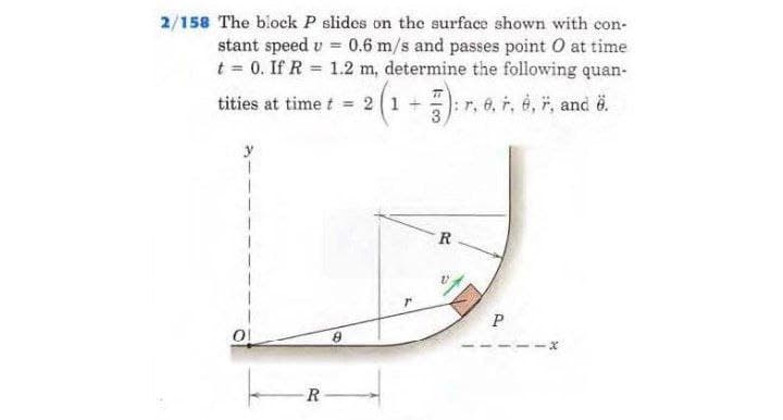 2/158 The block P slides on the surface shown with con-
stant speed v= 0.6 m/s and passes point o at time
t = 0. If R = 1.2 m, determine the following quan-
= 21+ :r, 0, F, 6, 7, and 6.
77
tities at time t
3
1
01
R
8
R
P