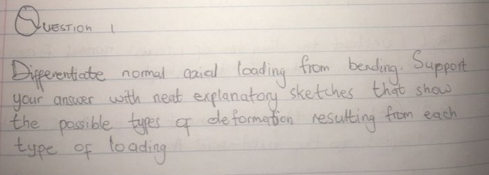 Quesron L
UESTION
from beading Support
Diperenticte nomal caial looding
your answer with neat explanatory sketches that show
the possible tyes f
type of loading
de formation resulting from each
