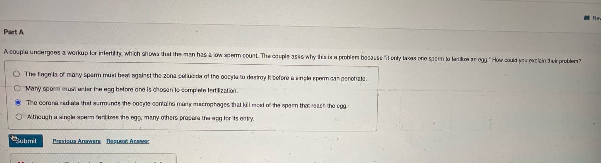 I Rev
Part A
A couple undergoes a workup for infertility, which shows that the man has a low sperm count. The couple asks why this is a problem because "it only takes one sperm to fertilize an egg." How could you explain their problem?
O The flagella of many sperm must beat against the zona pellucida of the oocyte to destroy it before a single sperm can penetrate.
O Many sperm must enter the egg before one is chosen to complete fertilization.
O The corona radiata that surrounds the oocyte contains many macrophages that kill most of the sperm that reach the egg.
O Although a single sperm fertilizes the egg, many others prepare the egg for its entry
submit
Previous Answers Request Answer
