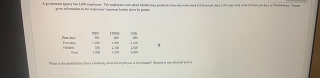 A govemment ageney has 6,000 employeen The mplayees were asked whether they preferred a four day work week (10 houn per day),a five-dey work wek ( houn per day, or flenihle hon You
given information on the emplayees' reponaes brokem down by pender.
111
Male
Eemale
Tetal
900
Four days
300
600
Five days
1,200
1,500
2,700
Flexible
200
2.100
2400
Total
100
4,200
6,000
What is the probability that a randomly selected employee is not female? Round to one decimal place)
