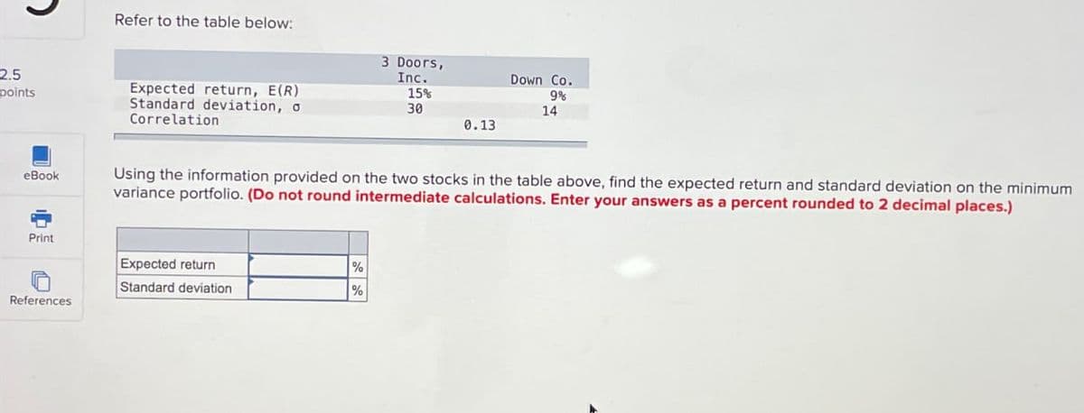 Refer to the table below:
2.5
points
Expected return, E(R)
eBook
Standard deviation, o
Correlation
3 Doors,
Inc.
15%
30
Down Co.
9%
14
0.13
Using the information provided on the two stocks in the table above, find the expected return and standard deviation on the minimum
variance portfolio. (Do not round intermediate calculations. Enter your answers as a percent rounded to 2 decimal places.)
Print
Expected return
%
Standard deviation
%
References