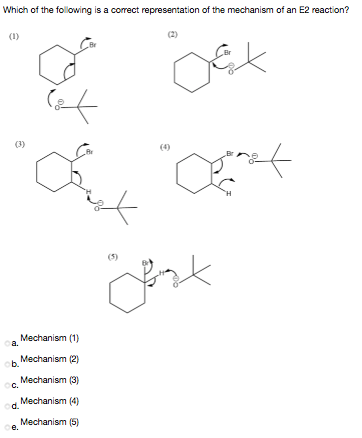 Which of the following is a correct representation of the mechanism of an E2 reaction?
(1)
(3)
(4)
Mechanism (1)
a.
Mechanism (2)
b.
Mechanism (3)
C.
Mechanism (4)
d.
Mechanism (5)
е.
