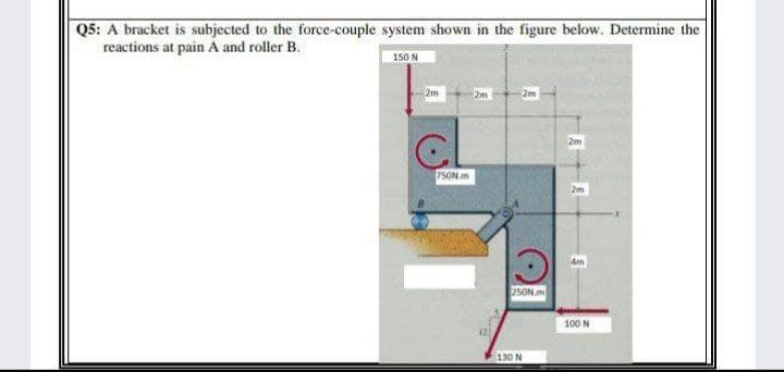 Q5: A bracket is subjected to the force-couple system shown in the figure below. Determine the
reactions at pain A and roller B.
150 N
2m
2m
2m
2m
750N.m
2m
Am
250N.m
100 N
130 N
