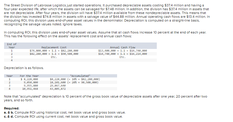 The Street Division of Labrosse Logistics just started operations. It purchased depreciable assets costing $37.4 million and having a
four-year expected life, after which the assets can be salvaged for $7.48 million. In addition, the division has $37.4 million in assets that
are not depreciable. After four years, the division will have $37.4 million available from these nondepreciable assets. This means that
the division has invested $74.8 million in assets with a salvage value of $44.88 million. Annual operating cash flows are $13.4 million. In
computing ROI, this division uses end-of-year asset values in the denominator. Depreciation is computed on a straight-line basis.
recognizing the salvage values noted. Ignore taxes.
In computing ROI, this division uses end-of-year asset values. Assume that all cash flows increase 10 percent at the end of each year.
This has the following effect on the assets' replacement cost and annual cash flows:
End of
Year
1
2
3
4
Replacement Cost
$74,800,000 x 1.1 = $82,280,000
$82,280,000 x 1.1= $90,508,000
Etc.
Depreciation is as follows.
Year
1
2
3
4
For the Year
$ 8,228,000
9,050, 800
9,955,880
10,951,468
Annual Cash Flow
$13,400,000 × 1.1 = $14,740,000
$14,740,000 × 1.1 = $16,214,000
Etc.
"Accumulated"
$8,228,000 ( 10 % × $82,280,000)
18,101,600 (-20% × 90,508,000)
29,867,648
43,805,872
Note that "accumulated" depreciation is 10 percent of the gross book value of depreciable assets after one year, 20 percent after two
years, and so forth.
Required:
a. & b. Compute ROI using historical cost, net book value and gross book value.
c. & d. Compute ROI using current cost, net book value and gross book value.