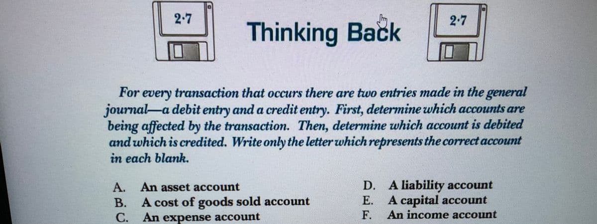 2-7
2.7
Thinking Back
For every transaction that occurs there are two entries made in the general
journal-a debit entry and a credit entry. First, determine which accounts are
being affected by the transaction. Then, determine which account is debited
and which is credited. Write only the letter which represents the correct account
in each blank.
D. A liability account
Е. А саpital account
An income account
A. An asset account
В.
A cost of goods sold account
C. An expense account
F.
