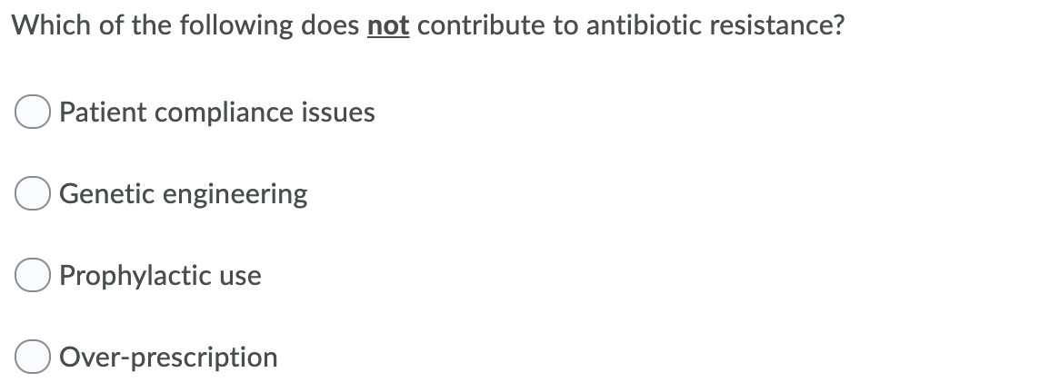 Which of the following does not contribute to antibiotic resistance?
Patient compliance issues
Genetic engineering
Prophylactic use
Over-prescription
