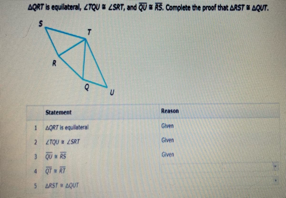 AQRT is equilateral, 2TQU LSRT, and QU RS. Complete the proof that ARST # AQUT.
R
Statement
Reason
1 AQRT is equilateral
Given
2 ZTQU # ZSRT
Given
3 QU RS
Given
4 QT RT
5 ARST # AQUT
