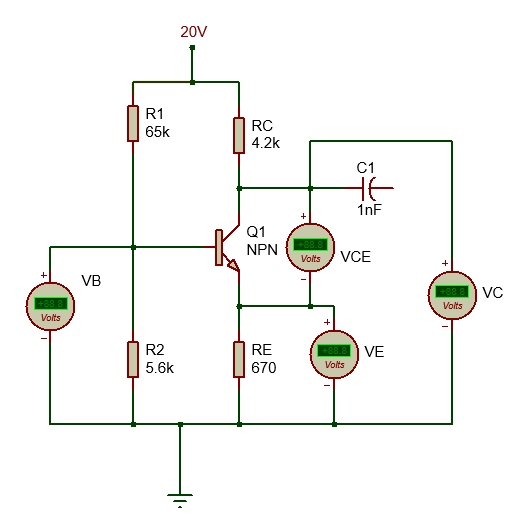 20V
R1
RC
65k
4.2k
C1
1nF
Q1
NPN
VCE
Volts
+
VB
+88.8
VC
Volts
Volts
R2
RE
VE
5.6k
670
Volts
