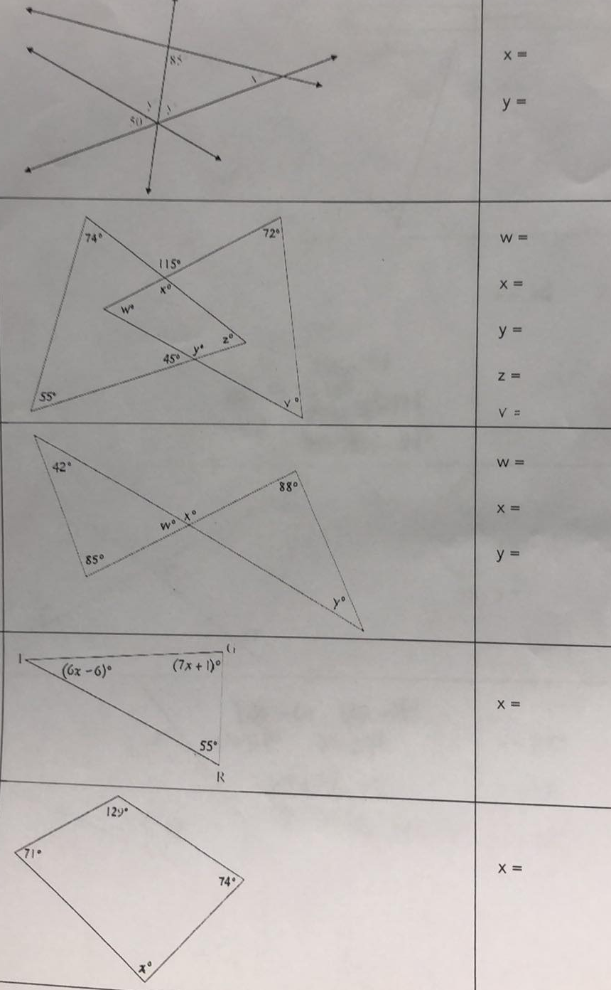 y 3D
74
72
115°
W =
20
450
y =
Z =
V =
42
W =
880
850
y =
(6x-6)°
(7x + 1)
X =
S5
129
71-
74
X =
