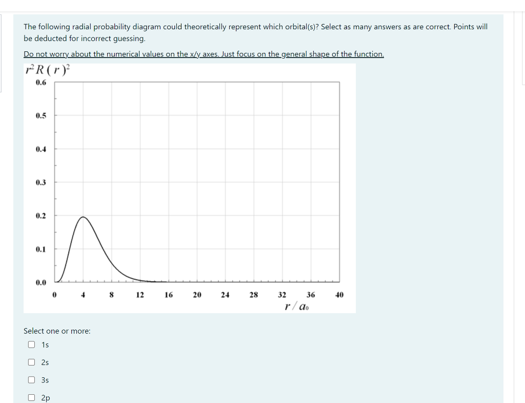 The following radial probability diagram could theoretically represent which orbital(s)? Select as many answers as are correct. Points will
be deducted for incorrect guessing.
Do not worry about the numerical values on the x/y axes. Just focus on the general shape of the function.
r² R (r)²
0.6
0.5
000
0.4
0.3
0.2
0.1
0.0
Select one or more:
1s
2s
3s
4
2p
8
12
16
20
24
28
32
36
r/ao
40