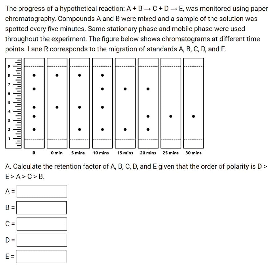 The progress of a hypothetical reaction: A + B →C+D E, was monitored using paper
chromatography. Compounds A and B were mixed and a sample of the solution was
spotted every five minutes. Same stationary phase and mobile phase were used
throughout the experiment. The figure below shows chromatograms at different time
points. Lane R corresponds to the migration of standards A, B, C, D, and E.
R
O min
5 mins
10 mins
15 mins
20 mins 25 mins 30 mins
A. Calculate the retention factor of A, B, C, D, and E given that the order of polarity is D >
E> A>C> B.
A =
B =
C
D =
E =
II II
