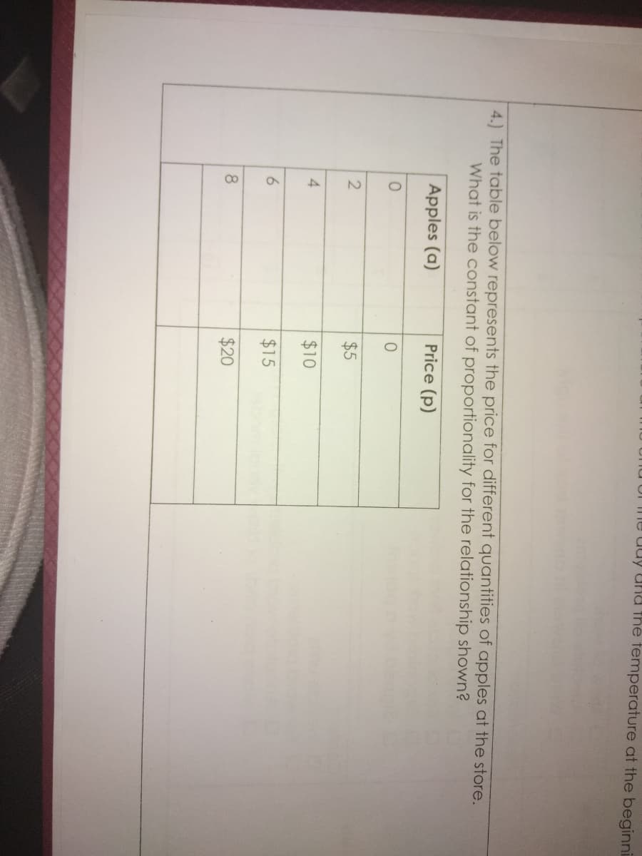 %24
UI Ine duy Una the temperature at the beginni
4.) The table below represents the price for different quantities of apples at the store.
What is the constant of proportionality for the relationship shown?
Apples (a)
Price (p)
2
$5
4
$10
$15
$20
