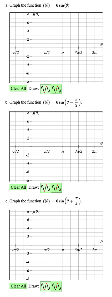 a. Graph the function f(0) = 6 sin(0).
6
4
2
-12
/2
37/2
-2
-4
-6
-8+
Clear All| Draw: W
b. Graph the function f(8) = 6 sin (0 – ).
4
2
-/2
3712
-2
-4
-6
-8
Clear All Draw: \M WI
c. Graph the function f(8) = 6 sin (0 +
6
2
-12
/2
3/2
-2
-4
-6
-8
Clear All| Draw: WW
