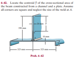 6-42. Locate the centroid y of the cross-sectional area of
the beam constructed from a channel and a plate. Assume
all corners are square and neglect the size of the weld at A.
- 20 mm
350 mm
10 mm
-325 mm
325 mm-
Prob. 6-42
