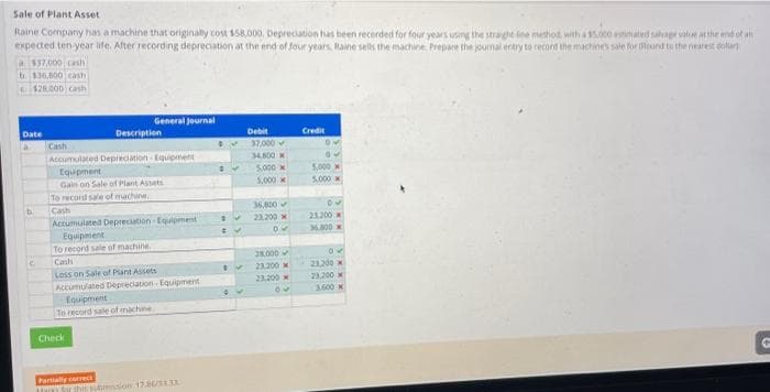 Sale of Plant Asset
Raine Company has a machine that originally cost $58,000. Depreciation has been recorded for four years using the straight line method, with a 15.000 estimated salvage value at the end of att
expected ten-year life. After recording depreciation at the end of four years, Raine sells the machine. Prepare the journal entry to record the machine's sale for (Round to the nearest dollar)
a $37,000 cash
b. $36,800 cash
$28.000 cash
Date
b
General Journal
Description
Cash
Accumulated Depreciation Equipment
Equipment
Gain on Sale of Plant Assets
To record sale of machine.
Cash
Accumulated Depreciation Equipment
Equipment
To record sale of machine.
Check
Cash
Loss on Sale of Plant Assets
Accumulated Depreciation Equipment
Equipment
To record sale of machine
Partially correct
anks for this somssion 17.80/31.33
DV
#
✔
✔
IV
4 ✓
Debit
37,000
34,800
5,000x
5,000
36,800
23,200 x
OV
28.000
23.200
23.200
5M
Credit
5,000
5,000
DU
23,200 x
36.800
95
23,200 x
23,200
3.600 x
G