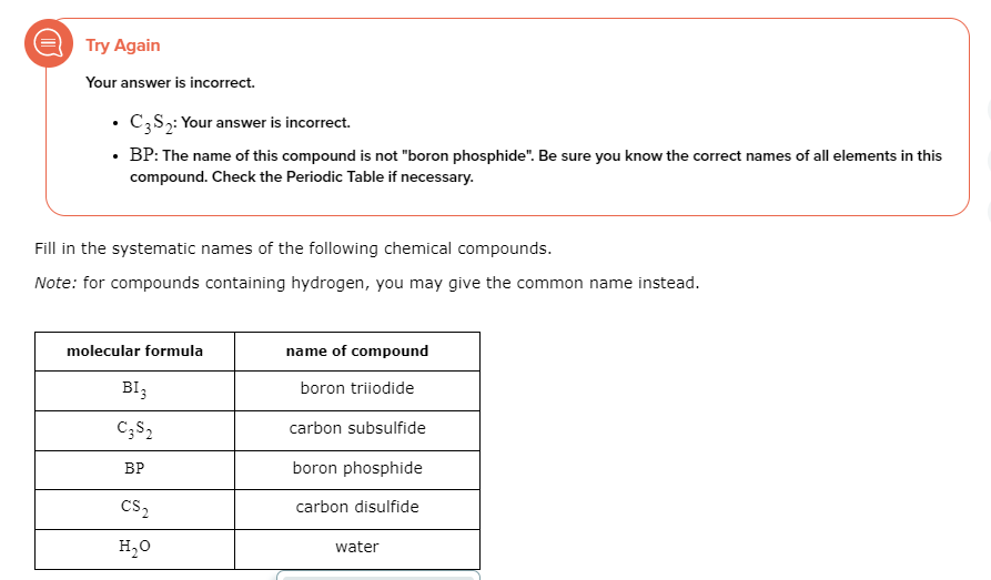 D
Try Again
Your answer is incorrect.
• C3 S₂: Your answer is incorrect.
• BP: The name of this compound is not "boron phosphide". Be sure you know the correct names of all elements in this
compound. Check the Periodic Table if necessary.
Fill in the systematic names of the following chemical compounds.
Note: for compounds containing hydrogen, you may give the common name instead.
molecular formula
BI3
C3 S2
BP
CS2
H₂O
name of compound
boron triiodide
carbon subsulfide
boron phosphide
carbon disulfide
water