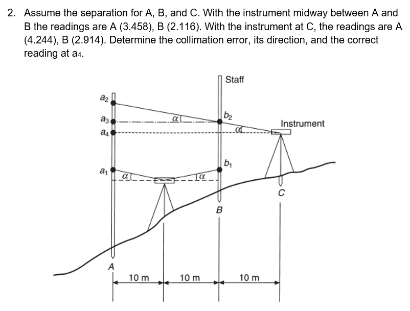 2. Assume the separation for A, B, and C. With the instrument midway between A and
B the readings are A (3.458), B (2.116). With the instrument at C, the readings are A
(4.244), B (2.914). Determine the collimation error, its direction, and the correct
reading at as.
Staff
a2
b2
аз
as
Instrument
B
A
10 m
10 m
10 m
