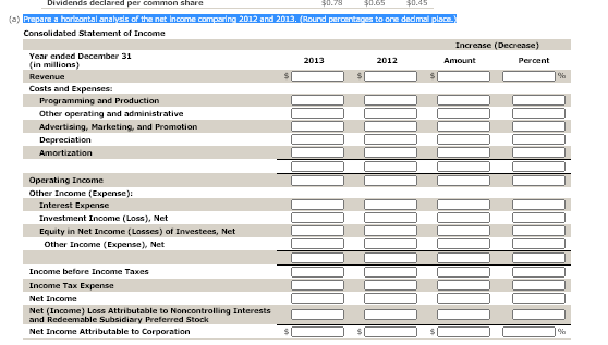 Dividends declared per common share
$0.78
$0.65
$0.45
(a) Prepare a horizontal analysis of the net Income comparing 2012 and 2013. (Round percentages to one dedmal place
Consolidated Statement of Income
Increase (Decrease)
Year ended December 31
2013
2012
Amount
Percent
(in millions)
Revenue
Costs and Expenses:
Programming and Production
Other operating and administrative
Advertising, Marketing, and Promotion
Depreciation
Amortization
Operating Income
Other Income (Expense):
Interest Expense
Investment Income (Loss), Net
Equity in Net Income (Losses) of Investees, Net
Other Income (Expense), Net
Income before Income Taxes
Income Tax Expense
Net Income
Net (Income) Loss Attributable to Noncontrolling Interests
and Redeemable Subsidiary Preferred Stock
Net Income Attributable to Corporation
