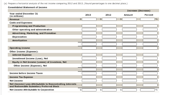 (a) Prepare a horizantal analysis of the net income comparing 2012 and 2013. (Round percentages to one decimal place.)
Consolidated Statement of Income
Increase (Decrease)
Year ended December 31
2013
2012
Amount
Percent
(in millions)
Revenue
Costs and Expenses:
Programming and Production
Other operating and administrative
Advertising, Marketing, and Promotion
Depreciation
Amortization
Operating Income
Other Income (Expense):
Interest Expense
Investment Income (Loss), Net
Equity in Net Income (Losses) of Investees, Net
Other Income (Expense), Net
Income before Income Taxes
Income Tax Expense
Net Income
Net (Income) Loss Attributable to Noncontrolling Interests
and Redeemable Subsidiary Preferred Stock
Net Income Attributable to Corporation
