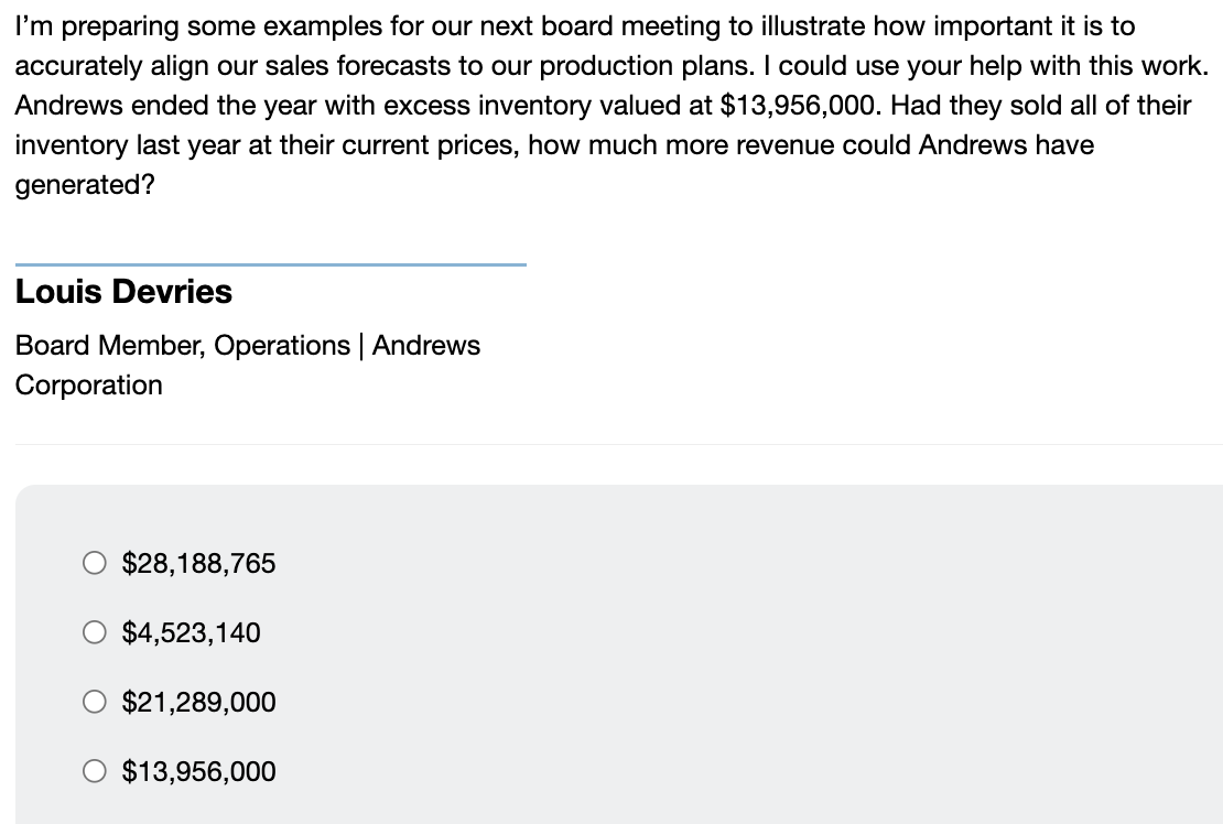 I'm preparing some examples for our next board meeting to illustrate how important it is to
accurately align our sales forecasts to our production plans. I could use your help with this work.
Andrews ended the year with excess inventory valued at $13,956,000. Had they sold all of their
inventory last year at their current prices, how much more revenue could Andrews have
generated?
Louis Devries
Board Member, Operations | Andrews
Corporation
$28,188,765
$4,523,140
$21,289,000
$13,956,000