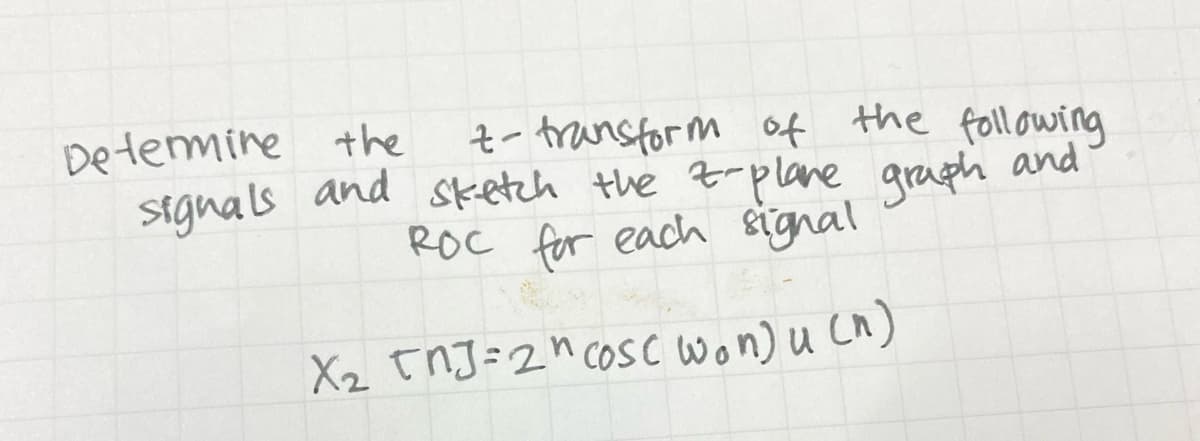 Determine the
t-transform of the following
signals and sketch the 2-plane graph and
Roc for each signal
X₂ [NJ=2^ cosc won) u (n)