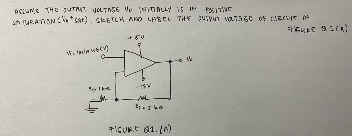 ASSUME THE OUTPUT VOLTAGE VO INITIALLY IS IN
SA TURATION C Vot sat). SKETCH AND CABEL THE OUTPUT VOLTAGE OF CIRCUIT IN
POSITIVE
715UKE Q.1 CA)
+ 15V
Viz losin wt (V)
o Vo
- IS V
k2 = 2 km
千IGURE &1.1A)
