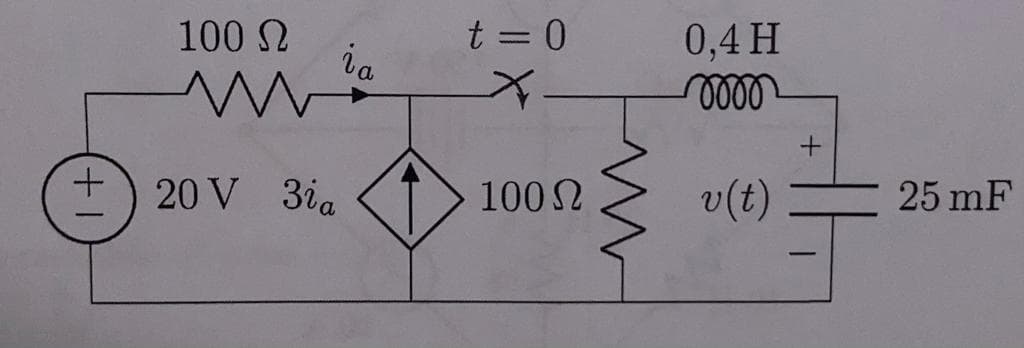 100 Ω
Μ
Όταν
20 V3ia
Τα
t = 0
Χ
100 Ω
0.4 Η
0000
v(t)
25 mF