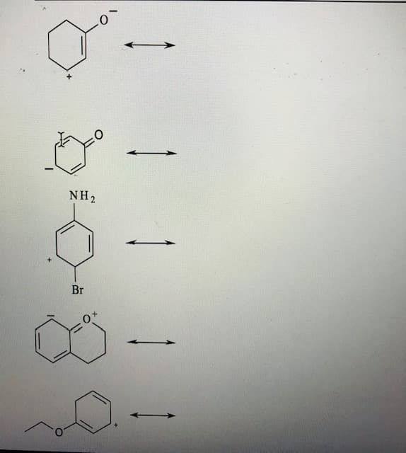 **Resonance Structures in Organic Chemistry**

**1. Phenoxide Ion Resonance**
The first structure is a phenoxide ion. The molecule consists of a benzene ring with an oxygen atom carrying a negative charge (-O) attached to it. The positive charge is delocalized within the benzene ring.

**2. Cyclohexadienone Resonance**
The second structure represents a cyclohexadienone derivative. It contains a six-membered ring with one double bond and a carbonyl group (=O) directly attached to the ring. The negative charge on the oxygen atom can be delocalized around the ring forming resonance structures.

**3. Aniline Derivative with Bromine**
The third structure shows an aniline derivative where the benzene ring is attached to an amino group (NH2) and a bromine atom (Br). The ring carries a positive charge, indicating that the electron density within the ring is altered.

**4. Phenolium Ion Resonance**
In the fourth structure, the benzene ring is bonded to an oxygen atom carrying a positive charge (O+), indicating a phenolium ion. This can lead to several resonance structures where the positive charge is delocalized around the benzene ring.

**5. Benzyl Cation**
The fifth structure shows a benzyl cation. This molecule consists of a benzene ring with a positively charged carbon atom attached to one of the ring positions (indicated with CH2+). 

Each of these diagrams uses double-headed arrows to indicate resonance structures, signifying the delocalization of electrons within the molecules which contributes to the stabilization of the molecular structure.