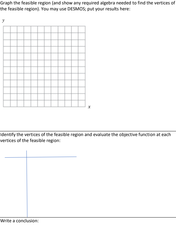 Graph the feasible region (and show any required algebra needed to find the vertices of
the feasible region). You may use DESMOS; put your results here:
y
Identify the vertices of the feasible region and evaluate the objective function at each
vertices of the feasible region:
Write a conclusion:
