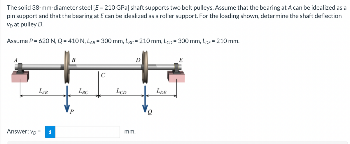 The solid 38-mm-diameter steel [E = 210 GPa] shaft supports two belt pulleys. Assume that the bearing at A can be idealized as a
pin support and that the bearing at E can be idealized as a roller support. For the loading shown, determine the shaft deflection
Vp at pulley D.
Assume P = 620 N, Q = 410 N, LAB = 300 mm, LBc = 210 mm, LCD= 300 mm, LDE = 210 mm.
A
В
D
E
LAB
LBC
LCD
LDE
Answer: VD =
i
mm.
