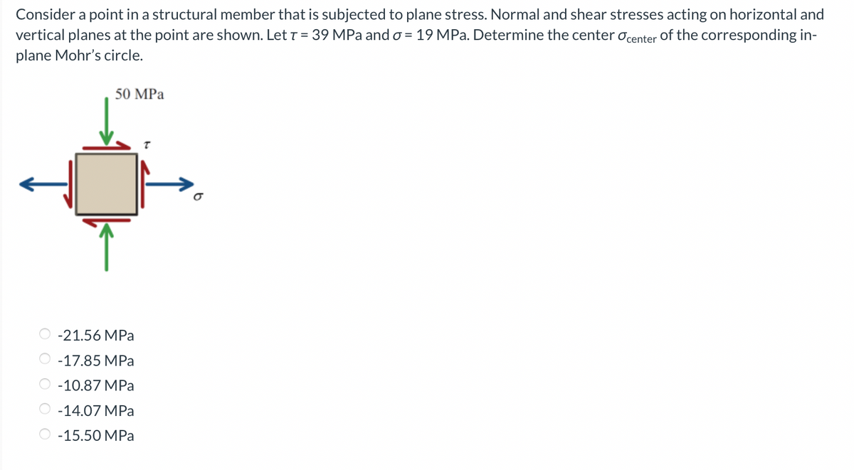 Consider a point in a structural member that is subjected to plane stress. Normal and shear stresses acting on horizontal and
vertical planes at the point are shown. Let T = 39 MPa and o = 19 MPa. Determine the center ocenter of the corresponding in-
plane Mohr's circle.
50 MPa
-21.56 MPa
O -17.85 MPa
O -10.87 MPa
-14.07 MPa
-15.50 MPa
