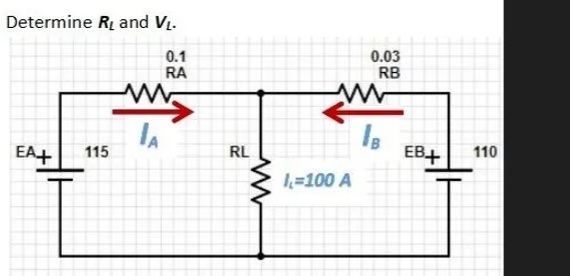 Determine R and V1.
0.1
RA
0.03
RB
115
RL
EB+
110
EA+
1,=100 A
