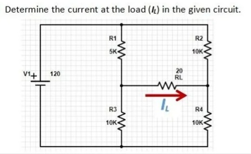 Determine the current at the load (1k) in the given circuit.
R1
R2
5K
10K
V1+
20
RL
120
R3
R4
10K
10K
