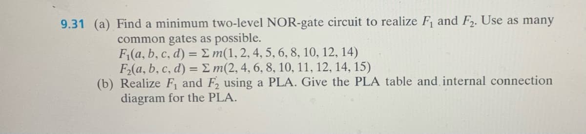 9.31 (a) Find a minimum two-level NOR-gate circuit to realize F₁ and F₂. Use as many
common gates as possible.
F₁(a, b, c, d) = Σ m(1, 2, 4, 5, 6, 8, 10, 12, 14)
Σm(2, 4, 6, 8, 10, 11, 12, 14, 15)
F₂(a, b, c, d) =
(b) Realize F₁ and F₂ using a PLA. Give the PLA table and internal connection
diagram for the PLA.