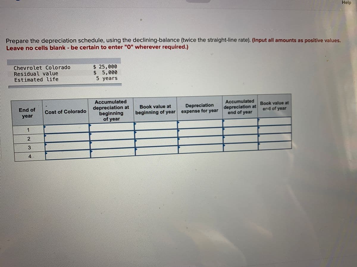 Help
Prepare the depreciation schedule, using the declining-balance (twice the straight-line rate). (Input all amounts as positive values.
Leave no cells blank - be certain to enter "O" wherever required.)
Chevrolet Colorado
Residual value
Estimated life
$ 25,000
$5,000
5 years
Accumulated
Accumulated
Book value at
end of year
Depreciation
depreciation at
end of year
Book value at
depreciation at
beginning
of year
End of
Cost of Colorado
beginning of year expense for year
уear
1.
3.
4
2.
