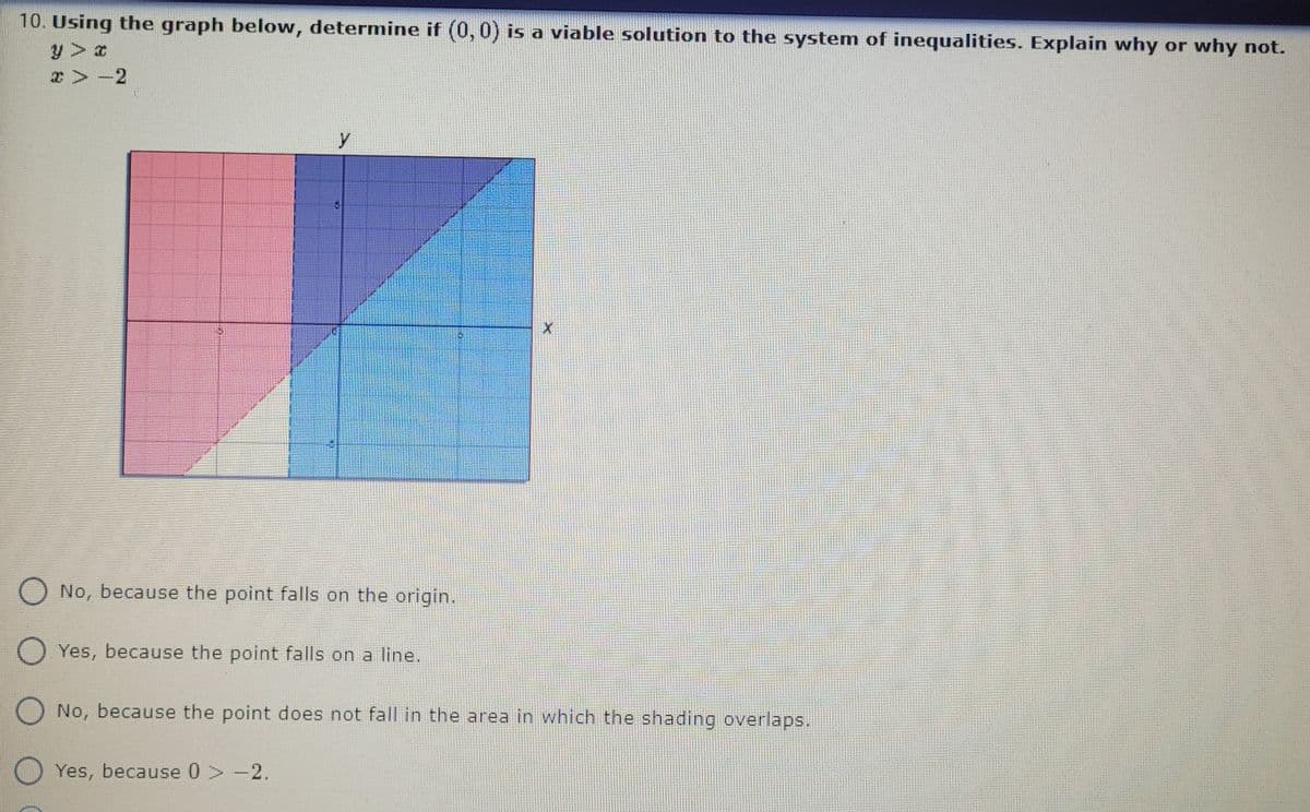 **Problem 10:**

**Question:**
Using the graph below, determine if (0, 0) is a viable solution to the system of inequalities. Explain why or why not.

**Inequalities:**
1. \( y > x \)
2. \( x > -2 \)

**Graph Description:**
The graph includes the x and y axes with various regions shaded. The shaded regions represent the solutions to the inequalities. There are three distinct regions:

- The red region indicates where \( y > x \).
- The blue region indicates where \( x > -2 \).
- The purple region, formed by the overlap of the red and blue regions, indicates where both inequalities are satisfied.

The axes intersect at the origin (0, 0), which is marked as a reference point on the graph.

**Multiple Choice Options:**

- \( \text{○ No, because the point falls on the origin.} \)
- \( \text{○ Yes, because the point falls on a line.} \)
- \( \text{○ No, because the point does not fall in the area in which the shading overlaps.} \)
- \( \text{○ Yes, because } 0 \geq -2. \)

**Analysis:**
The point (0, 0) is at the origin. It does not fall in the overlapping shaded region (purple), which represents the solution set for both inequalities. Thus, while the second inequality \( x > -2 \) holds true (\( 0 > -2 \)), the first inequality \( y > x \) is not satisfied because \( 0 \not> 0 \).

**Correct Answer:**
\( \text{○ No, because the point does not fall in the area in which the shading overlaps.} \)