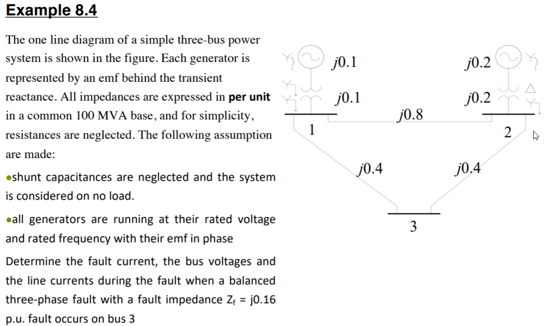 Example 8.4
The one line diagram of a simple three-bus
power
system is shown in the figure. Each generator is
j0.1
j0.2
represented by an emf behind the transient
reactance. All impedances are expressed in per unit
j0.1
j0.2
in a common 100 MVA base, and for simplicity,
j0.8
resistances are neglected. The following assumption
2
are made:
j0.4
j0.4
•shunt capacitances are neglected and the system
is considered on no load.
•all generators are running at their rated voltage
3
and rated frequency with their emf in phase
Determine the fault current, the bus voltages and
the line currents during the fault when a balanced
three-phase fault with a fault impedance Z; = j0.16
%3D
p.u. fault occurs on bus 3
