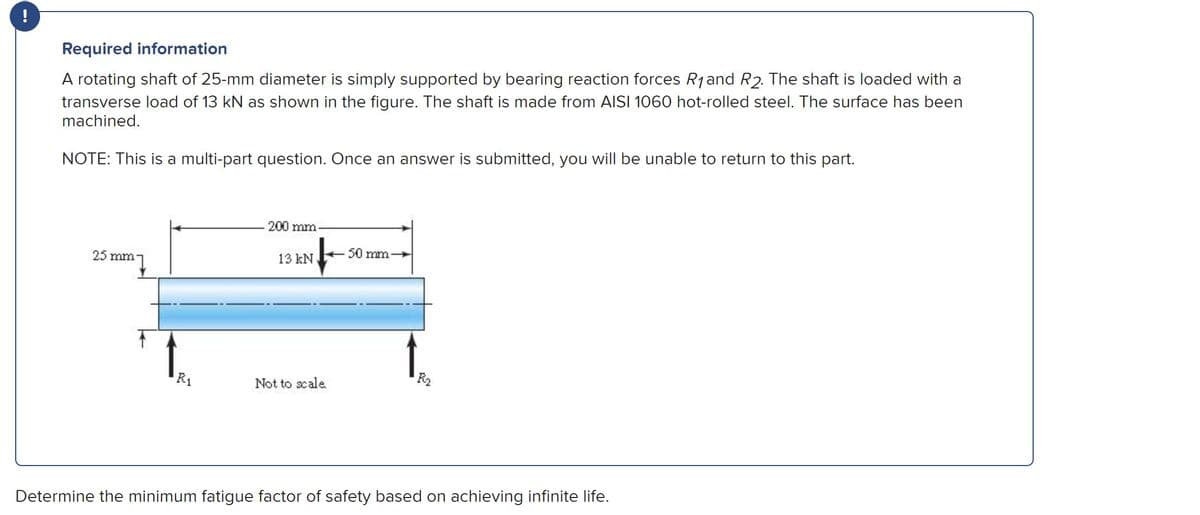 !
Required information
A rotating shaft of 25-mm diameter is simply supported by bearing reaction forces R1and R2. The shaft is loaded with a
transverse load of 13 kN as shown in the figure. The shaft is made from AISI 1060 hot-rolled steel. The surface has been
machined.
NOTE: This is a multi-part question. Once an answer is submitted, you will be unable to return to this part.
200 mm
50 mm
25 mm
13 kN
R1
R2
Not to scale.
Determine the minimum fatigue factor of safety based on achieving infinite life.
