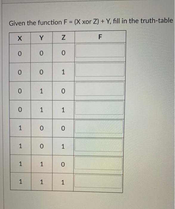 Given the function F = (X xor Z) + Y, fill in the truth-table
X
Y
Z
F
0
0
0
0
0
1
1
0
1
1
0
0
0
1
1
0
1
1
O
0
1
1
1
1