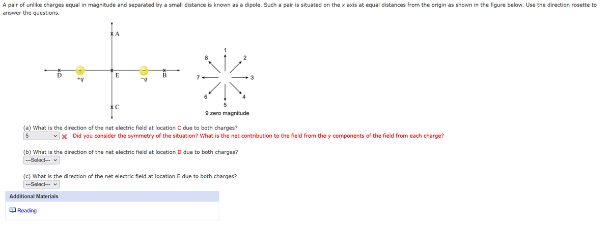 A pair of unlike charges equal in magnitude and separated by a small distance is known as a dipole. Such a pair is situated on the x axis at equal distances from the origin as shown in the figure below. Use the direction rosette to
answer the questions.
ΧΑ
8
+
*
D
E
B
3
+q
-9
5
9 zero magnitude
(a) What is the direction of the net electric field at location C due to both charges?
5
X Did you consider the symmetry of the situation? What is the net contribution to the field from the y components of the field from each charge?
(b) What is the direction of the net electric field at location D due to both charges?
---Select--- v
(c) What is the direction of the net electric field at location E due to both charges?
---Select--- ✓
Additional Materials
Reading
7