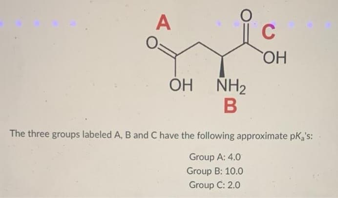 A
ОН
NH₂
В
C
`ОН
The three groups labeled A, B and C have the following approximate pka's:
Group A: 4.0
Group B: 10.0
Group C: 2.0