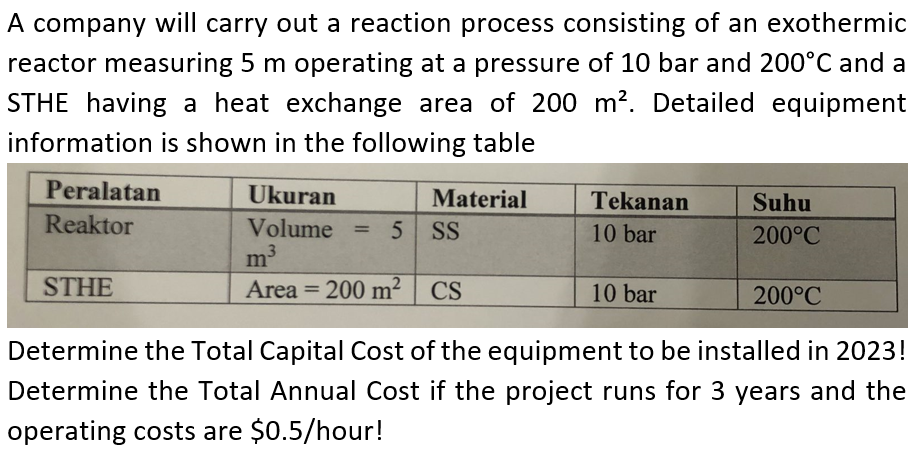 A company will carry out a reaction process consisting of an exothermic
reactor measuring 5 m operating at a pressure of 10 bar and 200°C and a
STHE having a heat exchange area of 200 m². Detailed equipment
information is shown in the following table
Peralatan
Reaktor
STHE
Ukuran
Volume
Material
= 5 SS
Area = 200 m² CS
Tekanan
10 bar
10 bar
Suhu
200°C
200°C
Determine the Total Capital Cost of the equipment to be installed in 2023!
Determine the Total Annual Cost if the project runs for 3 years and the
operating costs are $0.5/hour!