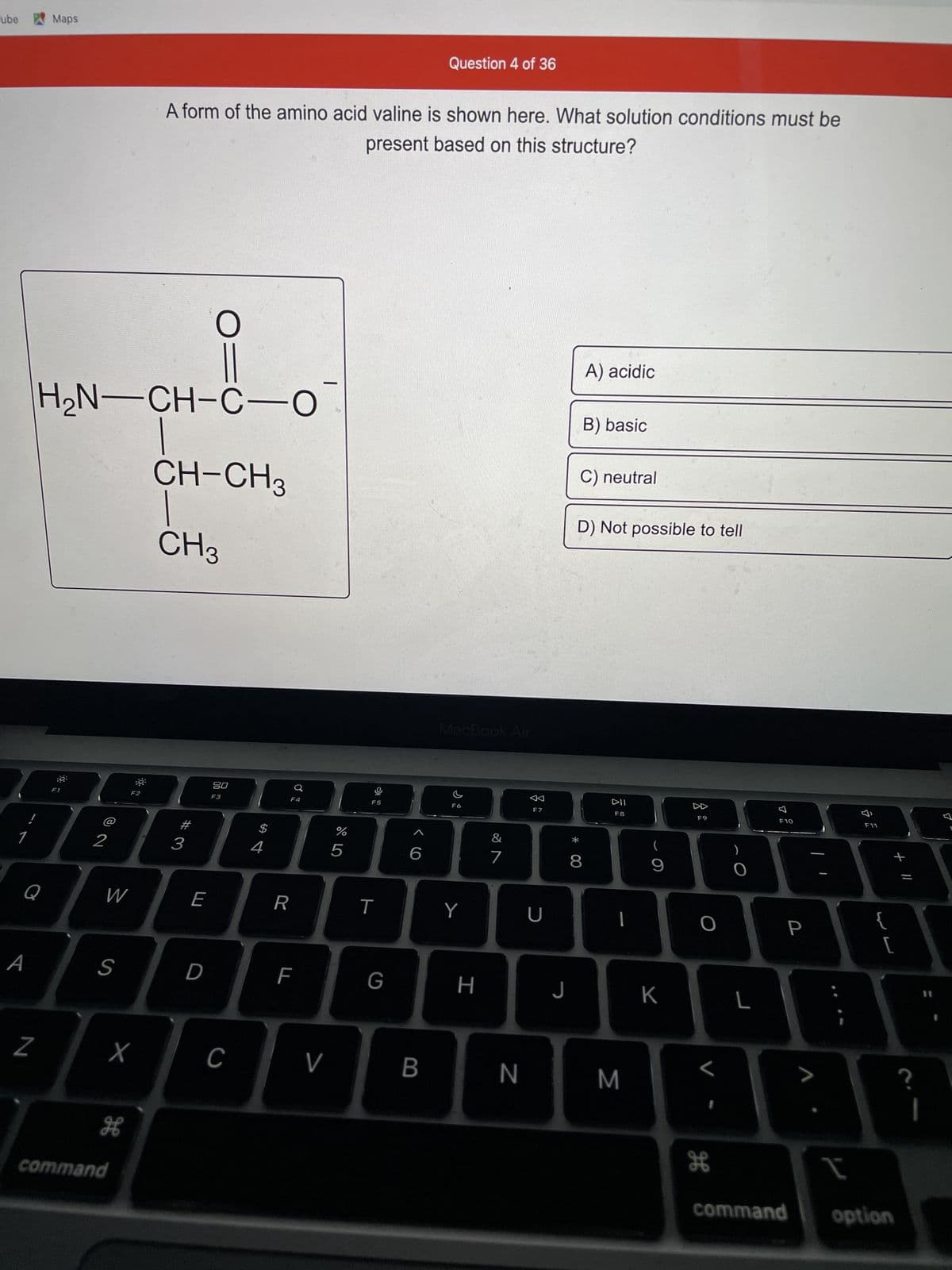 Tube Maps
Q
A
N
:0
H₂N-CH-C-0
|
CH-CH3
CH3
2
W
S
X
H
F2
command
A form of the amino acid valine is shown here. What solution conditions must be
present based on this structure?
# 3
E
O
D
||
80
F3
C
$
4
R
a
F4
LL
-
V
%
67 do
5
오
F5
T
G
6
Question 4 of 36
B
MacBook Air
F6
Y
H
&
7
N
F7
U
J
*
A) acidic
B) basic
C) neutral
D) Not possible to tell
8
DII
F8
M
(
9
K
另
F9
O
L
H
)
L
F10
P
F11
{
+ 11
[
I
command option
?