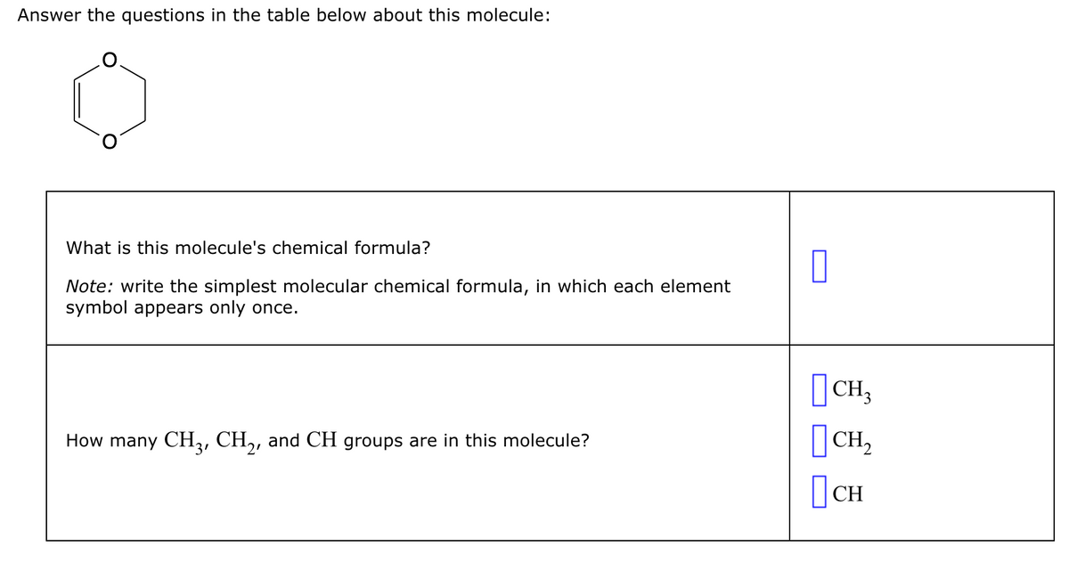 Answer the questions in the table below about this molecule:
What is this molecule's chemical formula?
Note: write the simplest molecular chemical formula, in which each element
symbol appears only once.
How many CH3, CH2, and CH groups are in this molecule?
0
[
CH3
CH₂
сн